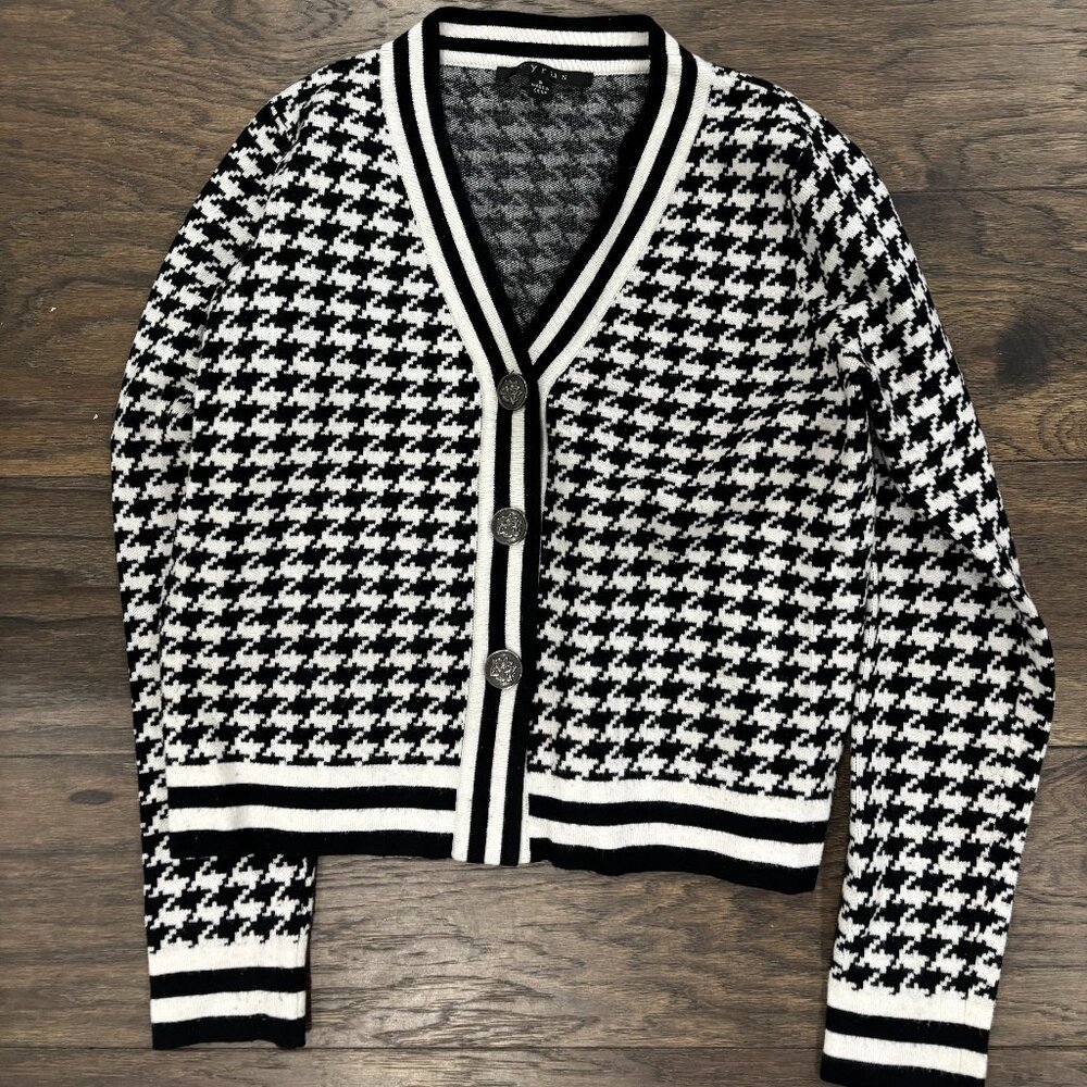 Cyrus Black and White Houndstooth V-Neck Cardigan